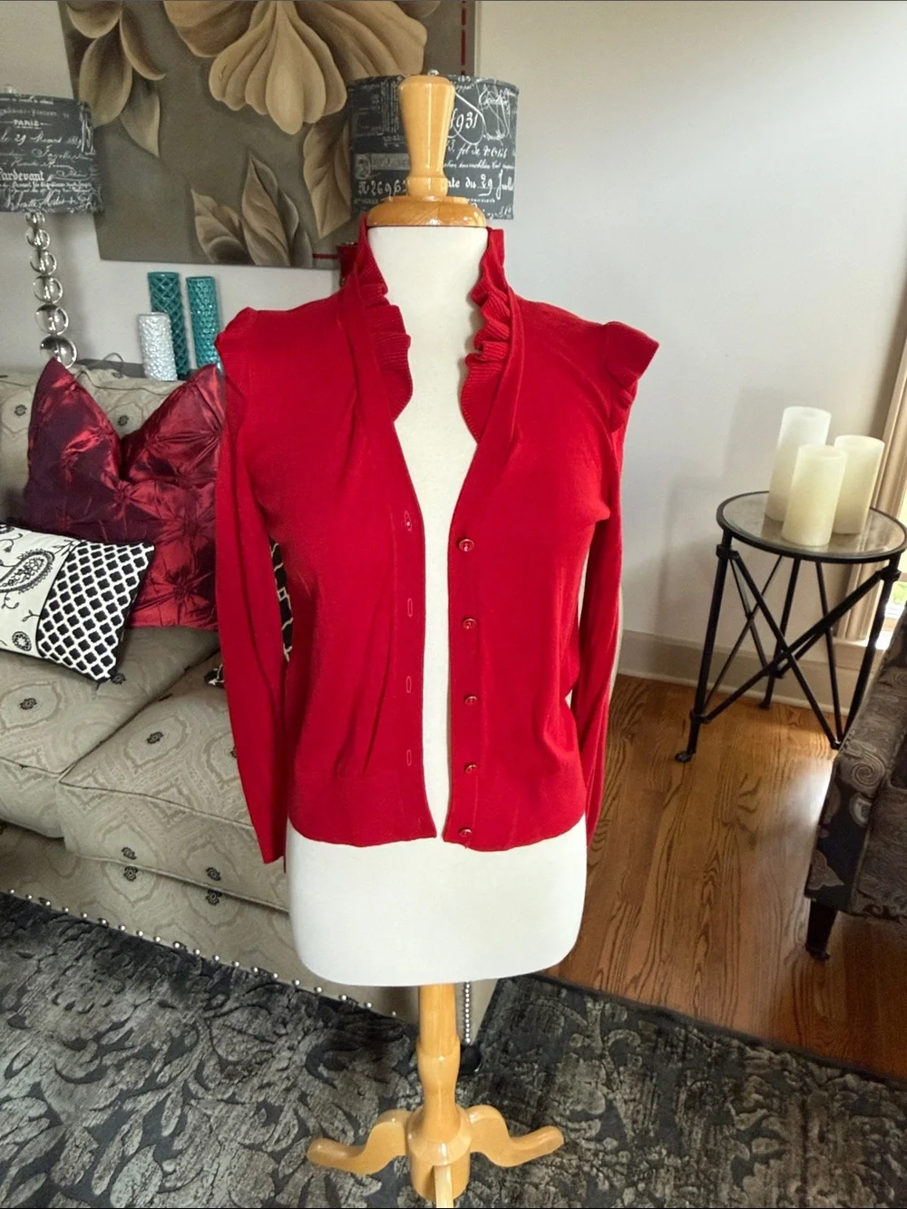 Cabi Red Button-Up Ruffle Collar Cardigan#4284